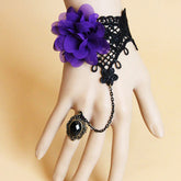 Retro Fashion Purple Flowers Black Lace Gems Female Gothic Lolita Ring Bracelet